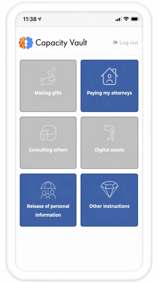 The Capacity Vault app on a phone, showing the choices an LPA can cover: making gifts, paying my attorneys, consulting others, digital assets, release of personal information and other instructions